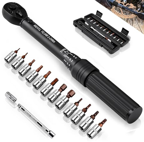 Drehmomentschlüssel Fahrrad 1/4 Zoll 2-24 Nm, ±3% Fehlergenauigkeit, 72 Zähne Wende Ratschenkopf, Torque Wrench Set für Motorrad, inkl. 12 Bits, 1/4 auf 3/8 Adapter & 100mm Verlängerung（Schwarz）