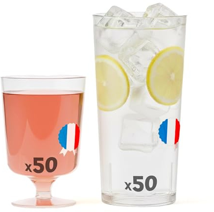Table'Colors Pack de 100 Verres : 50 Verres a Vin 17cl + 50 Gobelets 20cl Tube - Pour Vin, Apéritif - Recyclables - Transparent, Fabriqué en France Matière de Haute Qualité - Prise en Main Facile