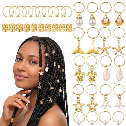 40 Pcs Seashell Hair Jewelry for Braids, Gold Dreadlocks Hair Charms Starfish Conch Pearl Hair Cuffs Beach Hair Accessories for Black Women