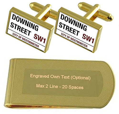 Downing Street Schild Gold-Manschettenknöpfe Geldscheinklammer Gravur Geschenkset