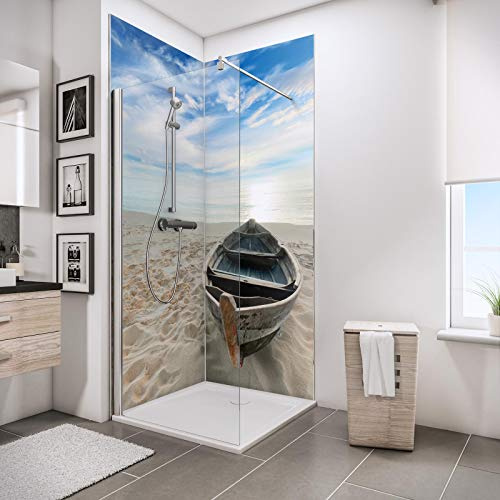 Schulte Deco-Design Foto Ruderboot am Strand über Eck, 210 x 90 x 90 cm, 3 mm Aluminium-Verbundplatte, Wandverkleidung als fugenfreier Fliesenersatz