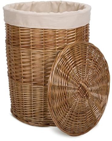 Natural Finish Round Laundry Wicker Basket Cotton Liner with Lid Bathroom Storage (Brown, Medium)