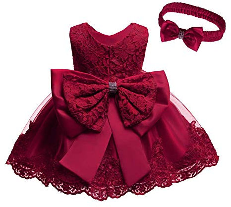 Baby Kinder Mädchen Bestickt Tüll Bowknot Spitze Kleid Blume Prinzessin Geburtstag Party Hochzeit Festlichkleid Taufkleid Formale Festzug Babykleidung Outfits Mit Stirnband Burgund 18-24 Monate