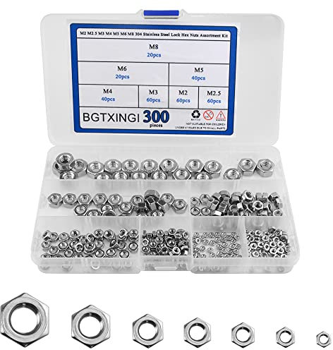 BGTXINGI 300 Stück M2 M2.5 M3 M4 M5 M6 M8 304 Edelstahl Schloss Sechskantmuttern Sortiment Kit mit Box