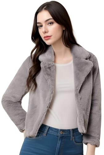 atokiss Damen Warm Winter Faux Pelz Cropped Jacke Mantel Kerbe Revers Kunstpelz Flauschig Mantel Outwear, Grau, L