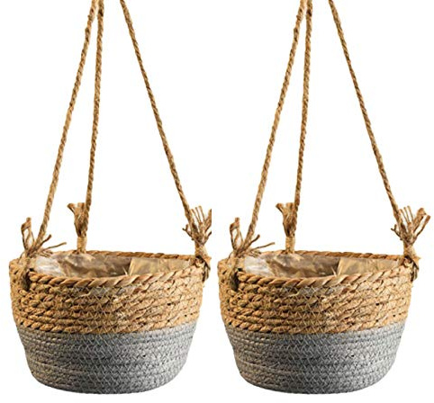 Hapeisy 2 Stück Juteseil hängende Pflanzkörbe, Hängeblumentopf, Hängepflanzenhalter, Hängekörbe für Pflanzen, Blumentöpfe