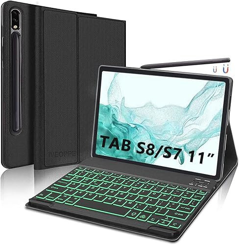 IVEOPPE Magnetisch Abnehmbare Beleuchtete QWERTZ Tastatur Hülle für Samsung Galaxy Tab S8/S7 11 Zoll (2022/2020), Schwarz