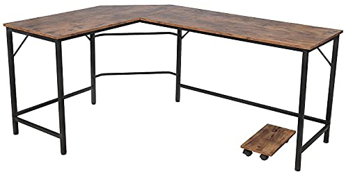 Schreibtisch L-Form - Industriedesign, aus Metall, 138x138 cm, mit fahrbarer Ablage, schwarz braun - Eckschreibtisch, Bürotisch, Computertisch, Arbeitstisch für Home Office, Büro, Vintage Retro Tisch