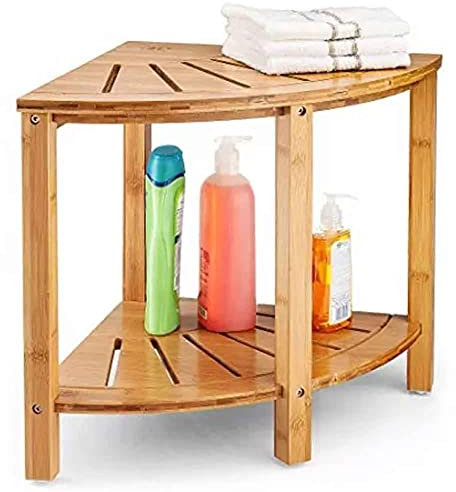 BAKAJI Sgabello Angolare da Bagno Doccia in Legno Tavolo Scaffale ad Angolo Multiuso con Doppio Ripiano Portaoggetti Portasciugamani Design Moderno Tavolino 40 x 40 x 43 cm Colore Naturale