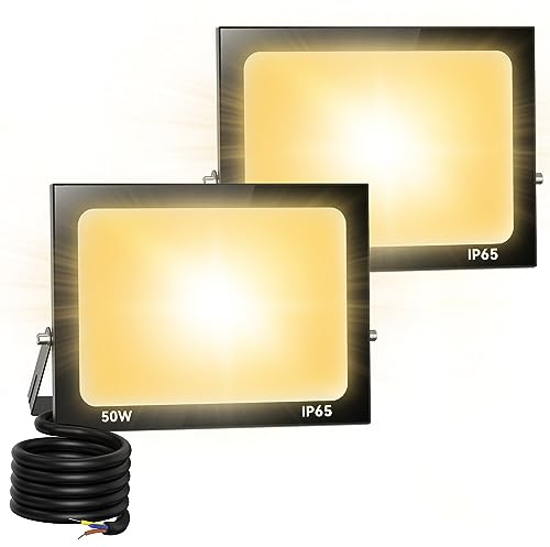 Royana 2er 50W LED Strahler Außen 5000LM Superhell led strahler 3000K Warmweiß IP65 Wasserfest led scheinwerfer, für Sportplatz Garage Garten Hinterhof.