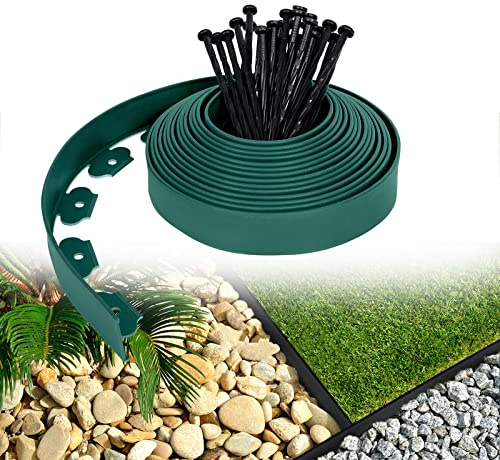 LZQ Bordure de pelouse en plastique flexible avec 30 clous de fixation pour jardins, séparation de l'herbe et des pierres, longueur 10 m, vert