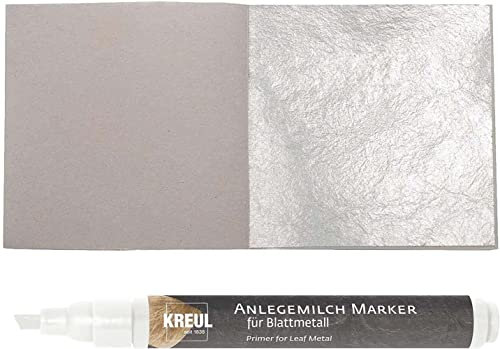 10 Blatt Echtes Feines Blattsilber 6cm x 6cm Echt Silber 925 zum Versilbern & Basteln Silberblatt Silberfolie Kunst Handwerk & Dekoration + 1 x Kreul Marker Anlegemilch Klebstoff im Stift
