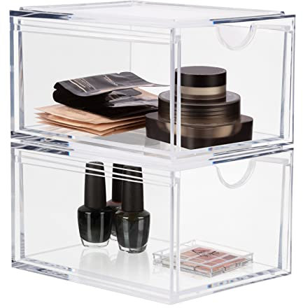 ECOSEAO Cajones organizadores apilables para cosméticos, contenedores de almacenamiento de acrílico transparente para maquillaje, paquete de 2, cajón de tocador para almacenamiento en el hogar, baño