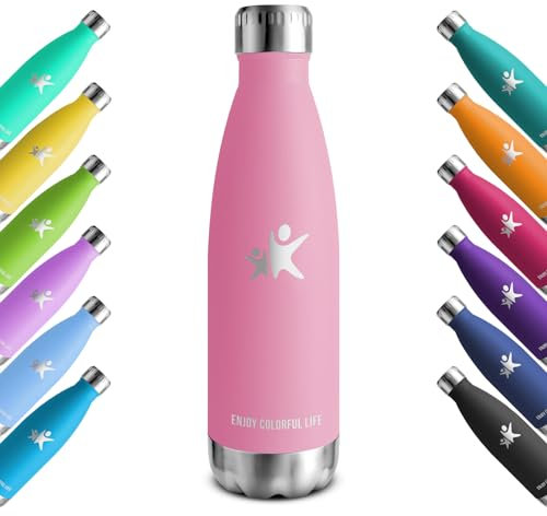 KollyKolla Thermosflasche 500ml, Trinkflasche Edelstahl 500ml, BPA-frei Isolierflasche, Thermoskanne Kohlensäure Geeignet, Auslaufsicher Wasserflasche für Schule, Sport, Fitness, Gym, Fahrrad, Camping