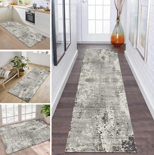 ZDYHMrj Läufer Teppich Flur Küche Waschbar rutschfest 40 * 60cm, Abstraktes Geometrisches Muster Grau Lang Teppichmatte Dauerhaft Fur Korridor Wohnzimmer Schlafzimmer Meterware Anpassbar