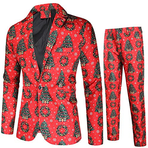 Duohropke Herren Weihnachtsanzug Hässliche Weihnachtskostüm Anzug Jacke +Lange Hosen Hose Festlich Weihnachten Sakko Blazer Partyanzug