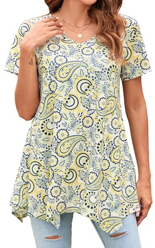 Enmain Camiseta Mujer Manga Corta Top Túnica Blusa Larga on Cuello en V Talla Grande Tops de Colores Sólidos/Estampadas T Shirt para Mujeres S-3XL