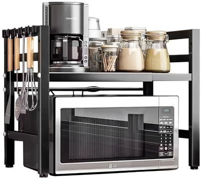 Estante Extensible de Microondas. Soporte para Encimera Ajustable. Estantería de Microondas, Horno, Utensilios de Acero. Organizador para Cocina con 4 Ganchos Incluidos (35-60cm, ancho ajustable)