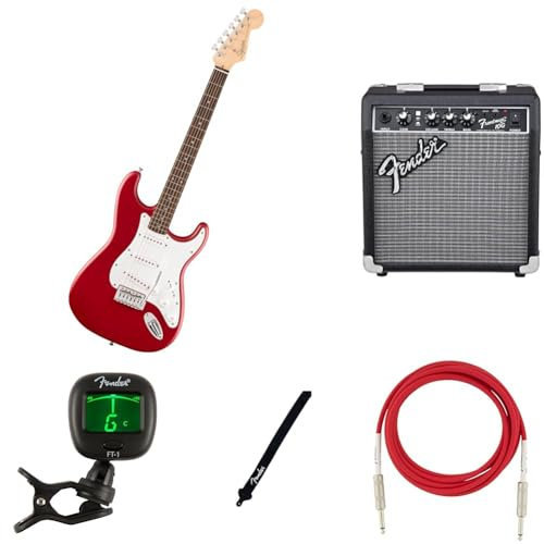 Squier by Fender Debut Collection Kit di Chitarra Elettrica Stratocaster per Principianti, include Amplificatore, Cavo, Tracolla e Accordatore, Rosso Dakota