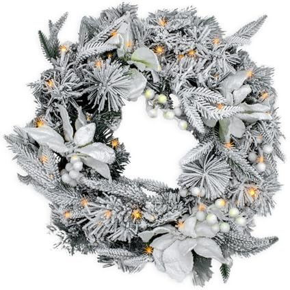LED Tannenkranz mit Schnee und Blumen, 61 cm, 35 LED, warm weiß | Batterie betrieben, Timer, Weihnachtskranz, Tischkranz Türkranz, für Weihnachten Advent Winter