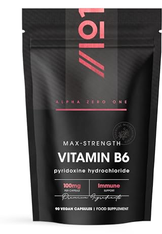 Vitamin B6 100mg – 90 Vegan Capsules – Max Strength Pyridoxine Hydrochloride – Resealable and Recyclable Pouch - By Alpha01