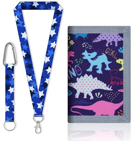 OMJMYY Brustbeutel Kindergeldbeutel 8 x 12.3 cm Umhängegeldbeutel Kinder mit Schlüsselband Faltbare Dreifache Portmonee Kinder Geldbörse Kinder Portemonnaie Kinder für Unisex Geschenke (Dinosaurier)