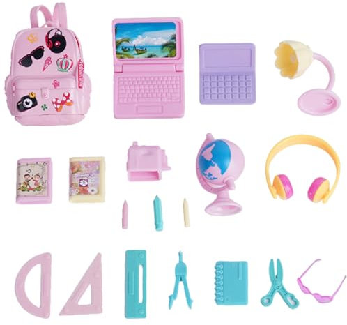 Hbbgdiy 18Pcs Mini School Supplies Dollhouse, Including Tiny Backpack, Mini Laptop, Desk lamp, Stationery, Globe, Glasses, Headphones Doll House Accessories Set
