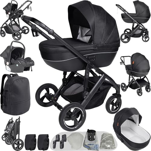 Nine point nine Kinderwagen 3 in 1, Kinderwagen Set mit Umkehrbarem Doppelschiebemodus, Kombikinderwagen 3 in 1 mit Großer Bequemer Babywanne, Rahmen Aluminiumlegierung (V7 Black)