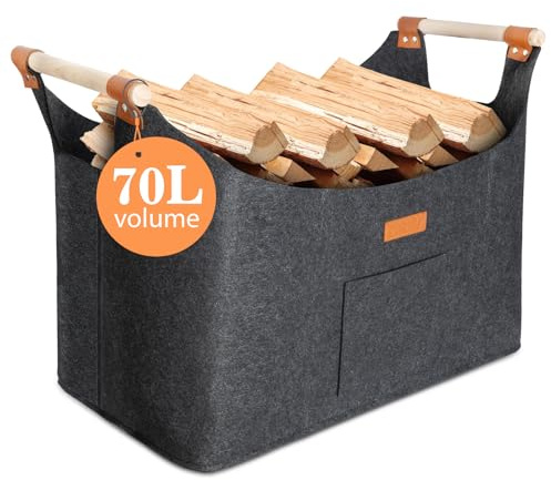 Borsa in Feltro per Legna da Ardere 55x32x40cm 70L, Cesto in Legno, Per Stoccaggio Interno, Può Contenere Giornali, Vestiti, Giochi