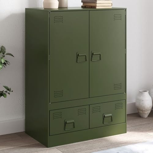prissent Sideboard Aufbewahrungsschrank Beistellschrank Buffetschrank für Wohnzimmer Schlafzimmer oder Küche Metallgestell Mehrzweckschrank Industrie-Stil Olivgrün 67x39x95 cm