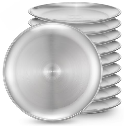 wutfuooo 10Pcs Stainless Steel Dinner Plates, 10 Round Salad Plates, Serving Plate for Home Kichten, Outdoor Camping, Snack, Pizza and BBQ