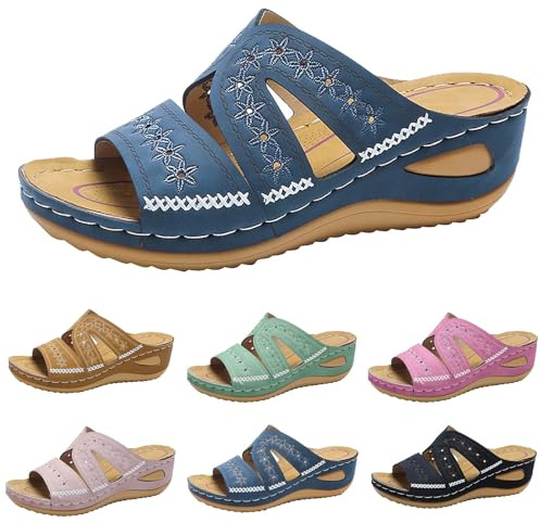 Sandales Femmes été Confortable Mules Orthopédiques en Cuir pour Femme Sandales Mode Bout Ouvert Compensées Plateforme Pantoufles Premium Vintage Chaussons de Plage d'été Taille Femmes (A011-Blue, 36)