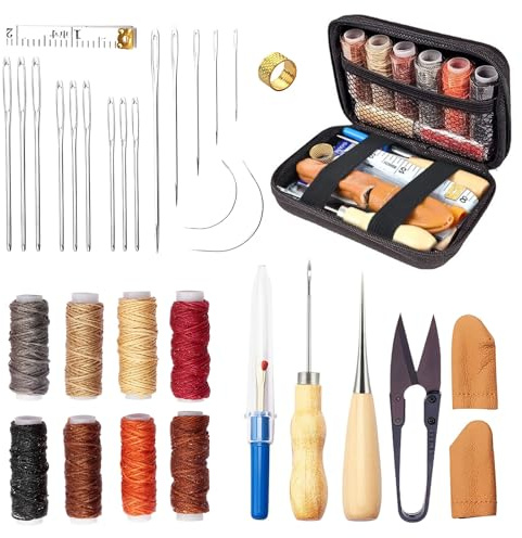 Yeqqzq 32 Pcs Leather Sewing Kit, Heavy Duty Sewing Kit, Including Sewing Thread and Needle, Awl, and Thimble, Suitable for Beginners in Leather Craftsmanship DIY Sewing Kit