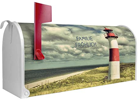 banjado® Amerikanischer Briefkasten - US Mailbox/Letterbox mit Motiv Leuchtturm Sylt 51x22x17cm - Postkasten Stahl aus Amerika – Briefkasten amerikanisch weiß pulverbeschichtet