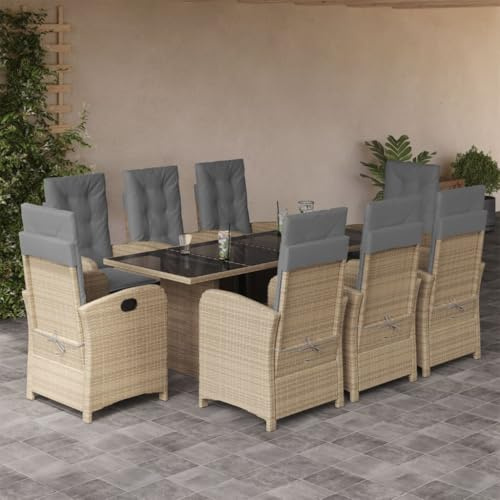 IKAYAA Gartenmöbel Set mit Tisch und 8 Verstellbare Hochlehner Stühlen, Sitzgruppe Outdoor für 8 Personen, Essgruppe für Garten Terrasse, inkl. Sitzkissen Mischung aus Beige