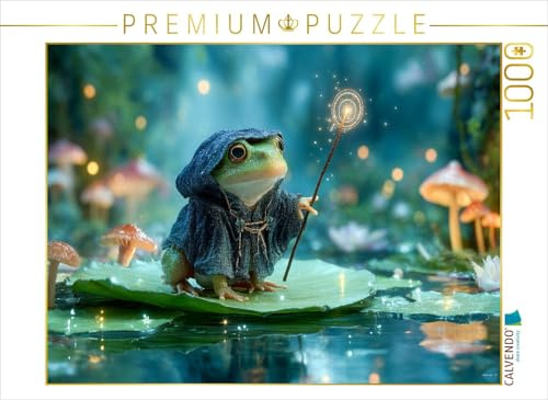 Puzzle · Magischer Frosch mit Zauberstab auf dem Seeblatt | Ein süßer Frosch in Zauberrobe wirkt Magie auf einem Blatt im… · 1000 Teile · Lege-Größe 64 × 48 cm · CALVENDO Puzzle