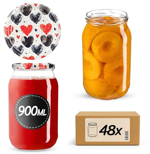 KADAX Lot de 48 grands bocaux en verre 900ml Ø82 – Couvercle Twist-Off hermétique TO82 – Pour conserves, cornichons, légumes fermentés & confitures maison