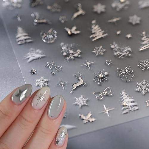 JMEOWIO 3D Nagelsticker Weihnachten Schneeflocke Nail Art Sticker Selbstklebend Nagelaufkleber 5D Stereoskopisch Dekoration Nageldesign Zubehör 1 Blatt