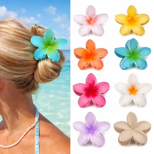 Pinzas de Pelo Mujer Flor Hawaiana Grande – Pack 8 Colores Variados (Brillo y Mate) – Accesorios Verano Playa y Fiesta – Sujeción Fuerte Antideslizante