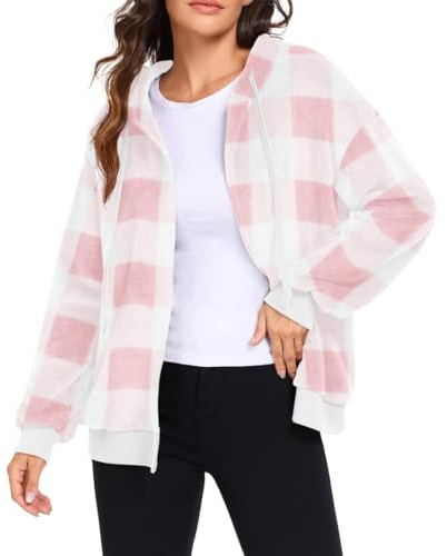 PrinStory Sweat à capuche zippé en flanelle à manches longues avec poches pour femme