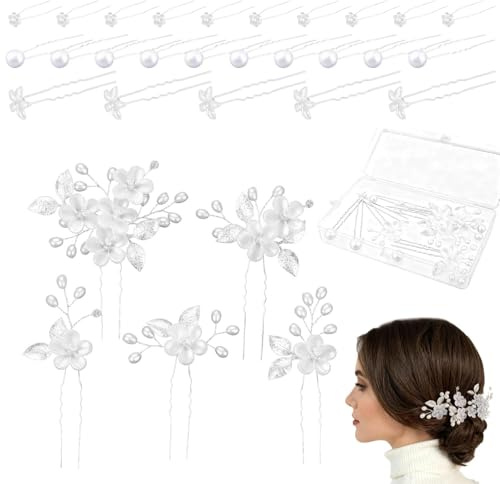 30 Pcs Set d’Accessoire Cheveux Mariage – Pince Cheveux Mariage à Perles et Fleurs, avec Boîte de Rangement, Pour Mariée, Demoiselles d’Honneur et Invitées (4 Styles)