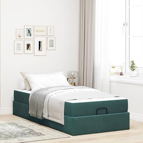 YuuSsea Sängram med madrass mörkgrön 90 x 190 cm sammet, modern enkelsäng med förvaringsutrymme, ram av trämaterial, komfortskummadrass