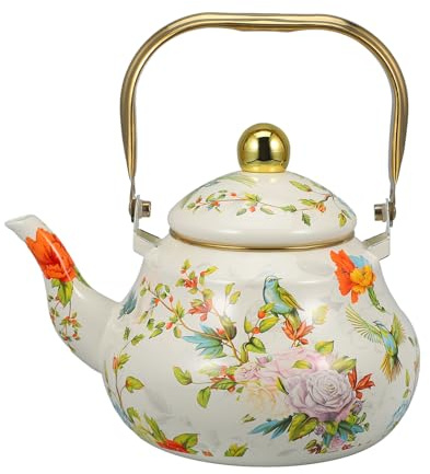 Amosfun Bollitore Smaltato Vintage 2.0l con Manico Floreale Oro, Teiera Portatile per Tè Sfuso e Caffè, Bollitore da Fornello Leggero per Uso Quotidiano in Cucina