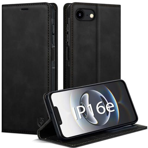 AIMOYU Handyhülle für iPhone 16e Hülle, Premium PU Leder Klapphülle Schutzhülle, Tasche Magnet Kartenfach Standfunktion Flip Case Hülle für iPhone 16e, Schwarz