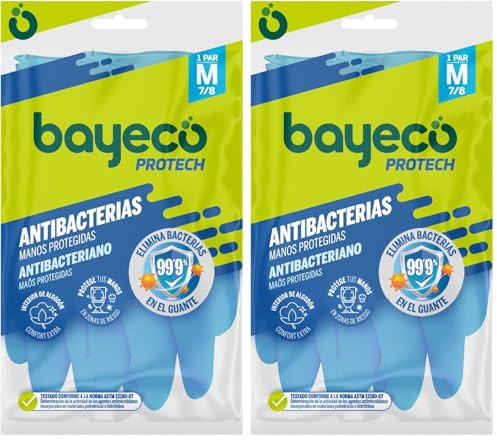 Bayeco - Guantes reutilizables Protect Antibacterias - Extra-protección para la limpieza de tu baño - Color Azul - Interior flocado para menor sudoración y mayor confort - 1 Par - Talla M