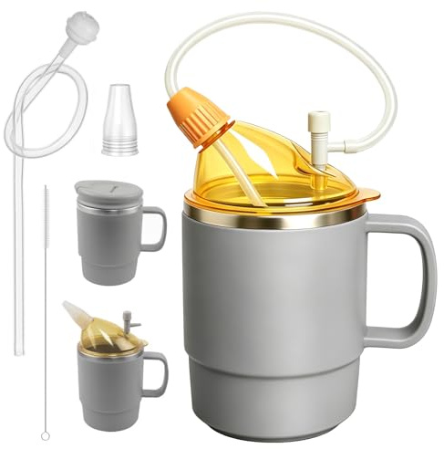 4 in 1 Sippy Cup for Adults, 500ml Adult Sippy Cups for The Elderly Non Spill, Anti Choke Spill Proof Cups with Lid, Long Straw, Sip Spout, & Straw Brush, Beakers for Seniors, Disabled, Dysphagia-Grey