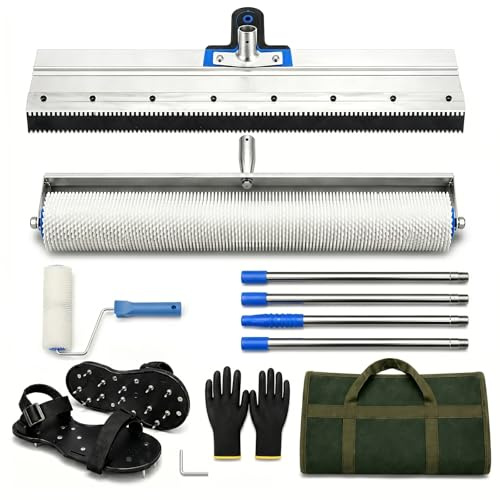 Self-Leveling Cement Tools Kit, 20 | Spiked Roller with Extendable Handle, Pre-Assembled Spike Shoes, Serrated Gauge Rake, Canvas Bag, for Epoxy & Concrete