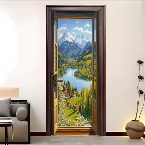 Adesivo Porta Autoadesiva Adesivi per Porte Interne Paesaggio Di Montagna Jungleale 3D Pellicola Adesiva Poster Verde Sticker Murale Parete per pareti e Porte 80x210 cm