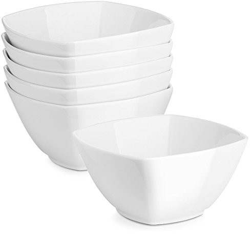 DOWAN Juego de 6 cuencos de porcelana para cereales cuadrados, 27 onzas, tazones para servir blancos, para aperitivos, ensaladas, pasta, postre y mermelada