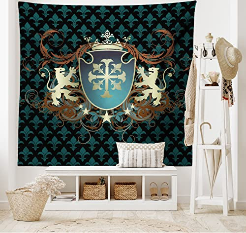 ABAKUHAUS Mittelalterlich Wandteppich, Wappen Wappen, Wohnzimmer Schlafzimmer Heim Seidiges Satin Wandteppich, 150 x 100 cm, Zimt Schwarz Teal